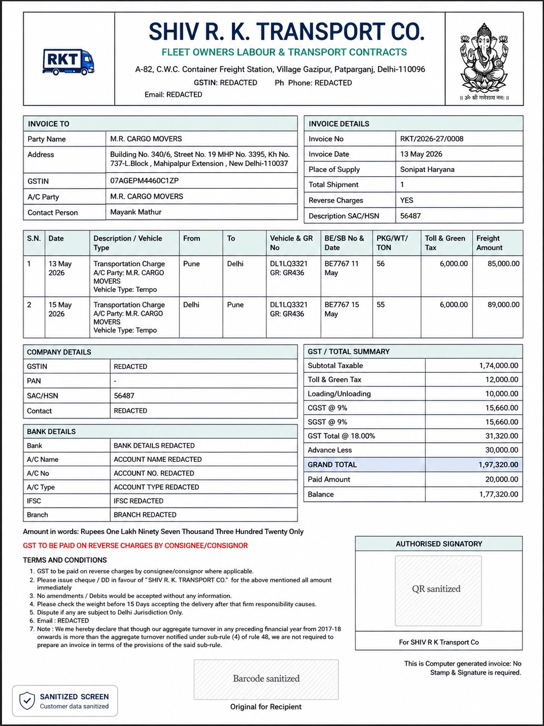 GST freight invoice generated by SoftwareWale transport billing software for Shiv R.K. Transport Co., Delhi