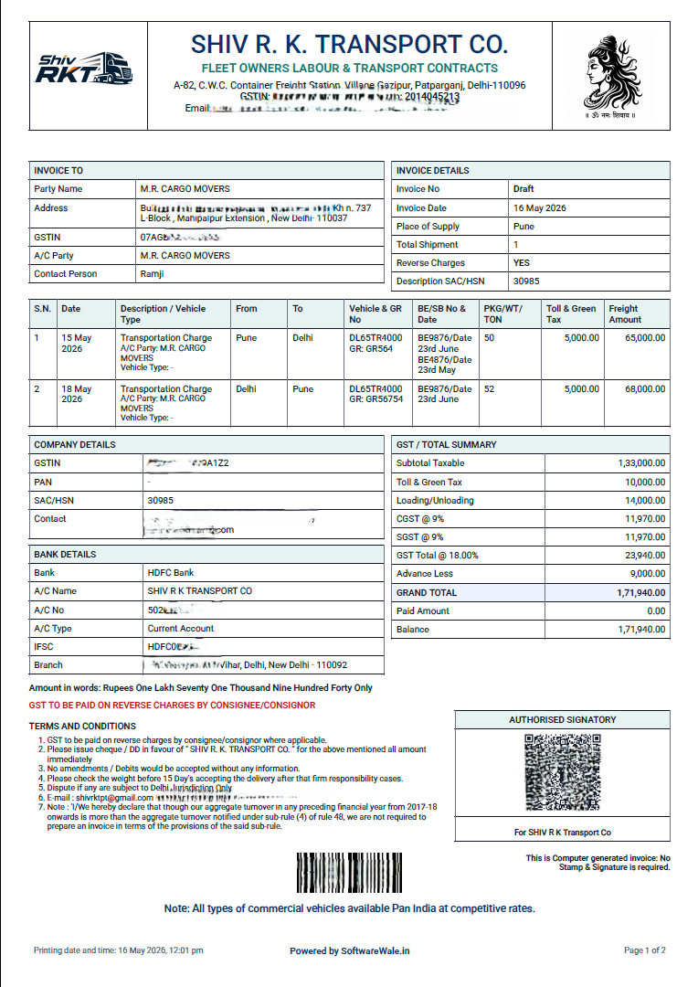 GST freight invoice PDF generated by SoftwareWale transport billing software for Shiv R.K. Transport Co., Delhi