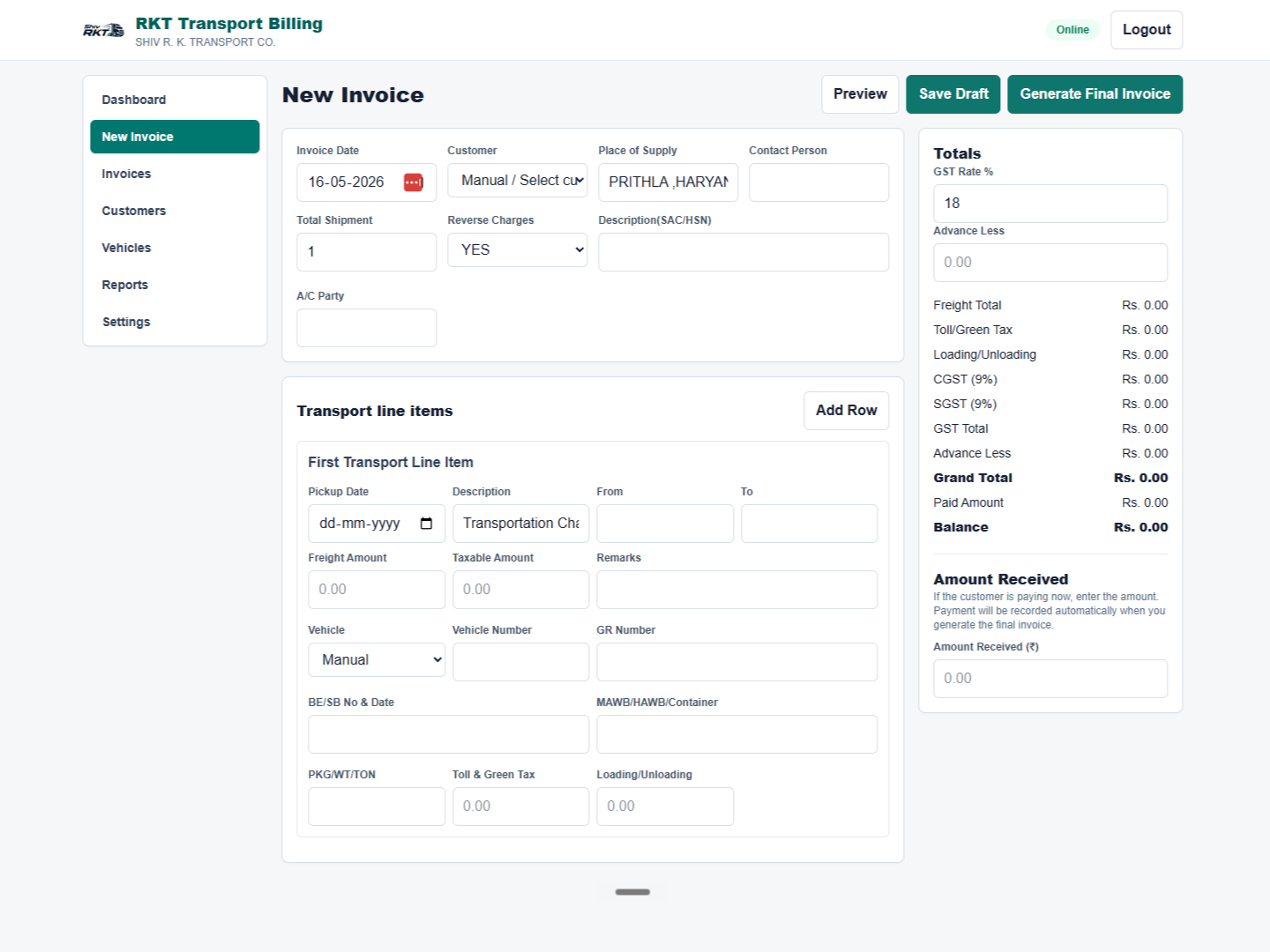 New invoice creation screen in SoftwareWale transport billing software showing party details, transport line items with route and vehicle fields, and live GST calculation panel